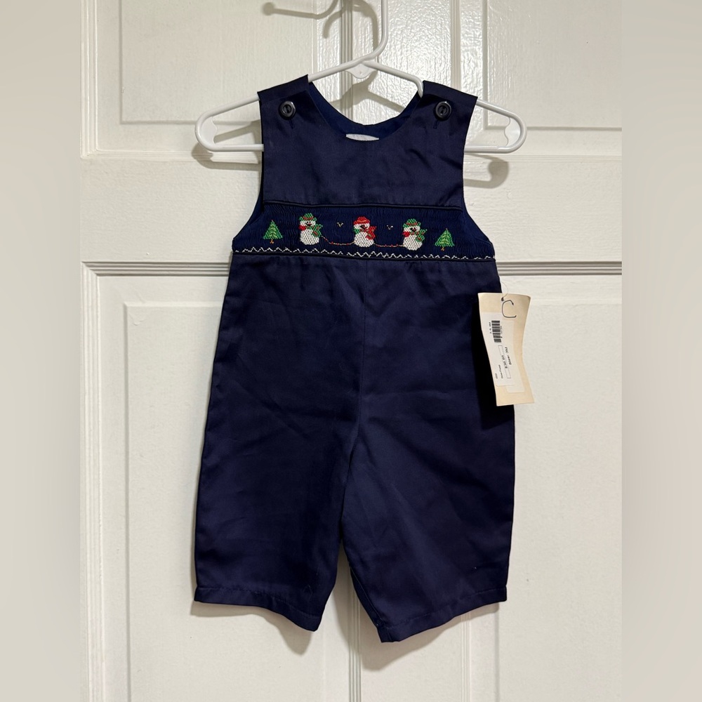 NEW‎ Smocked Christmas Romper Jon Jon 3 Month Snowmen Shortalls Outfit Navy Blue